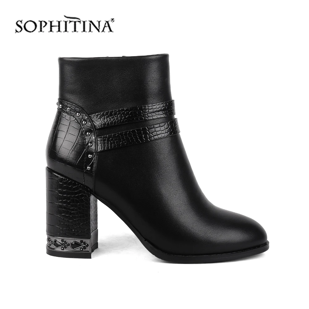 SOPHITINA/Ботинки женские на осень и зима. Теплая обувь с округленным носком на толстом и высоком каблуке. Модный особый дизайн. Аккуратная удобная обувь ручной работы на квадратном каблуке. Новые ботильоны. BY140