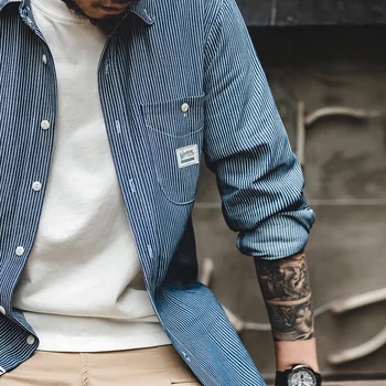 

Maden Men’s Casual New Spring Autumn Striped Shirt Retro Long Sleeve Blue Striped Shirt Button Down Shirt With Chest Pocket