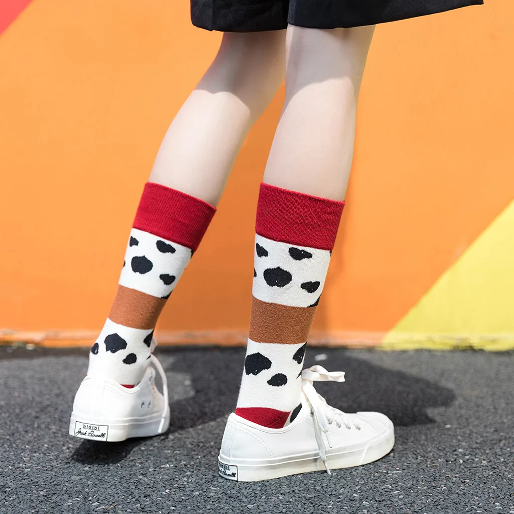 Women's Trend Cow Printing Bright Color Socks In The Tube Casual Cotton Socks Female Socks Funny Socks