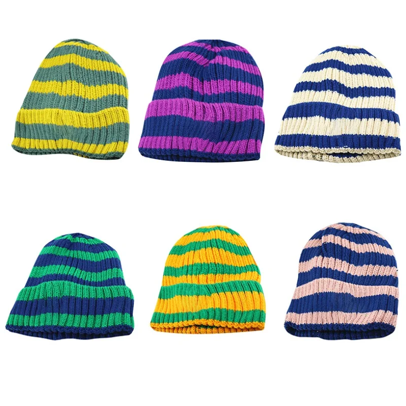 

Warm Winter Newborn Cute Warm Kids Girls Boys Baby Hat Striped Print Hats Knitted Wool Hemming Caps