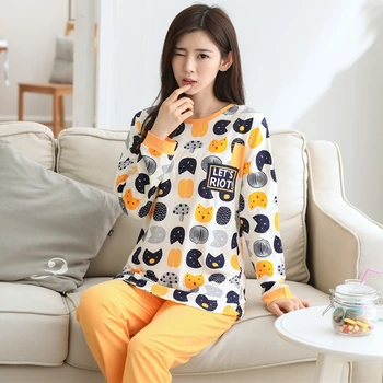 

2020 Autumn Fashion Cotton Print Pajama Set For Women Long Sleeve Pyjama Cute Girls Cartoon Homewear Female Lounge Home Clothing