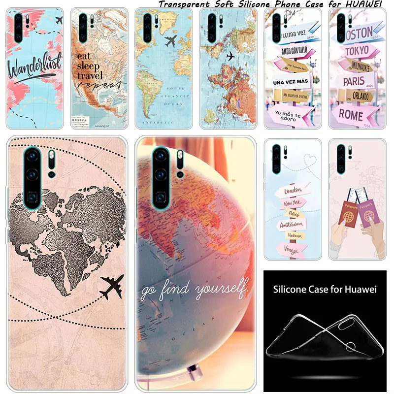 

luxury Soft Silicone Case Traveler world map for Huawei NOVA 3 3i 5 5i P20 P30 Pro P9 P10 P8 Lite 2017 P Smart Z Plus 2019 Cover