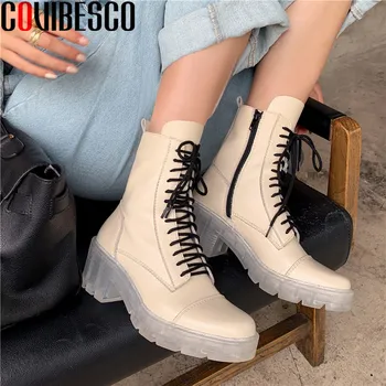 

COVIBESCO Elegant Genuine Leather Handmade Shoes For Women Platform Side Zipper Thick High Heels Women's Boots Party Shoes Woman