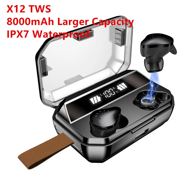 X12 TWS Bluetooth Earphone Stereos HIFI Bass Surround Sound IPX7 Waterproof Voice Control Headset 5.0 with 8000mAh Charging box