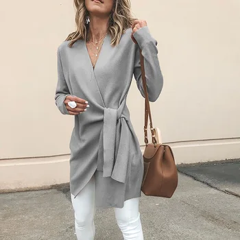 

2019 Autumn Women Fashion Elegant Asymmetrical V Neck Irregular Hem Winter Jacket Solid Wrapped Self-Belted Long Sleeve Coat