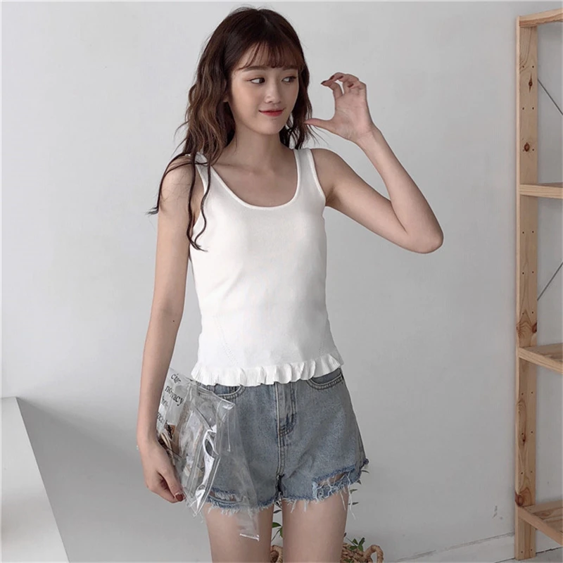 Shellsuning Camisole, Женская Весенняя волнистая короткая трикотажная майка с u-образным вырезом без рукавов, однотонная простая повседневная Облегающая майка, мягкая Женская майка