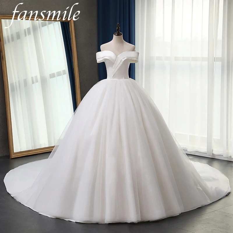 Fansmile сатиновое Vestido de Noiva элегантное бальное платье свадебное платье Длинный Шлейф Свадебное бальное платье размера плюс индивидуальный FSM-071T
