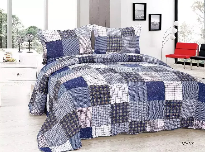 Chic Shabby Quilt Cotton Soft Bed spread Blue Grey Plaid Grid Striped Patchwork Reversible Coverlet Bedspread Queen size 3Pcs
