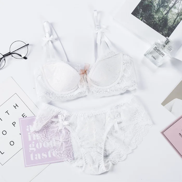 Fashion Sexy Bra Sets Plus Size C D Cup Thin Cotton Underwear Women Set Lace Comfortable Brassiere Gray Bras Embroidery Lingerie - Цвет: Белый