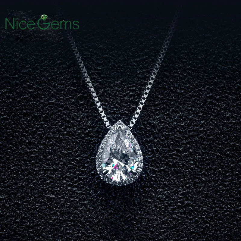 NiceGems твердая 14K 585 белая Золотая груша 2.1ct Halo Moissanite подвеска-ожерелье 18 дюймов цепочка для женщин ювелирные украшения