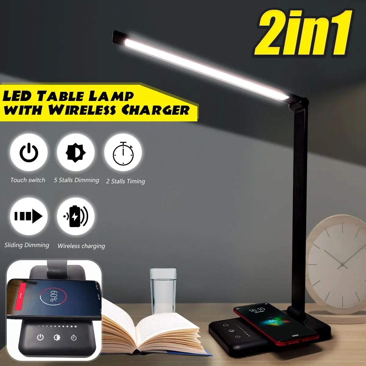 

2in1 Intelligent Eye Protect USB LED Touch Lights 5 Stalls Dimmable Desk Table Lamp Reading Book Light w/Phone Wireless Charger