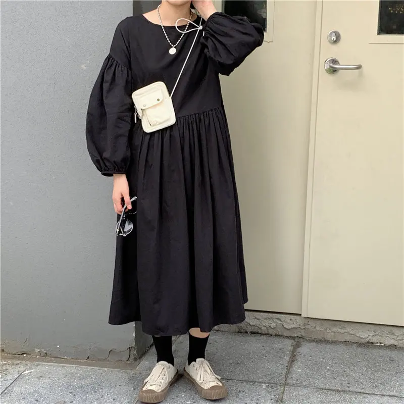 

Alien Kitty Stylish Sweet Puff-Sleeved Retro O-Neck Office Ladies Autumn Vintage Streetwear Casual Women Loose A-line Dresses