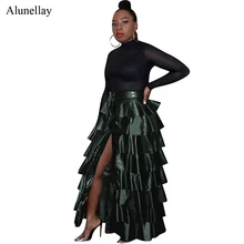 Женская летняя однобортная каскадная плиссированная юбка с завышенной талией из искусственной кожи, сексапильная юбка средней длины, длинные женские юбки s