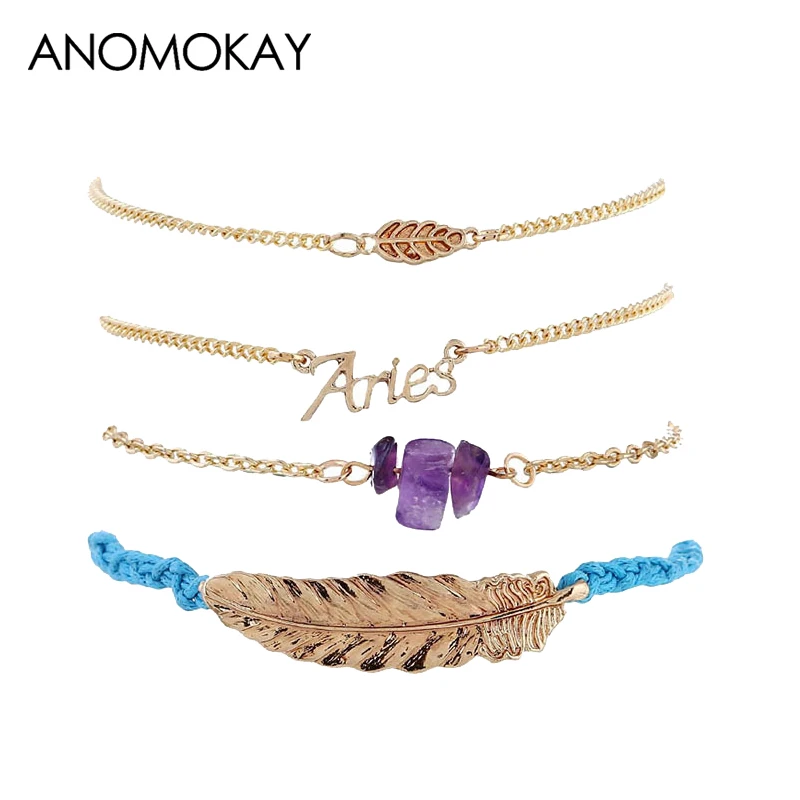 New Design Vintage Style Leaf Crystal Handmade Rope Link Bracelet Gold Color Women Chain Wrap Cadeia Pulseira Set | Украшения и