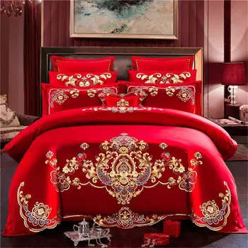 

Golden pattern bedding sets traditional Duvet Cover Set cotton 4/6pcs for wedding couple Classical Romantic of Quilt Cover Set