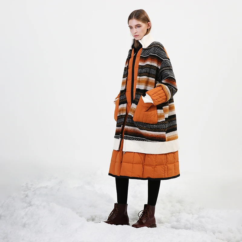Дизайн, зимнее женское пуховое пальто, женское повседневное длинное шерстяное пальто большого размера в полоску, Лоскутная куртка на белом утином пуху