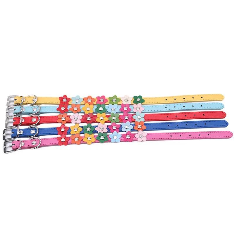 Creative Sweet Flower Studded PU Leather Cat Collar Pet Small Dog Buckle Neck Strap Pet Collar Colorful Flower Dog Collar