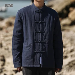 Chinese Traditional Dress Retro Linen Tang Suit Autumn Winter Parkas Men Clothing Wu Dang Tai Chi Jacket Plus Size Coat Top