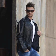 Черный растительного дубления козьей кожи кожаная куртка Мужская Подлинная Мода тонкий мотоцикл Стенд воротник куртки размера плюс M-5XL