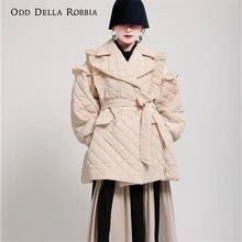 OddDellaRobbia Winter New Vintage Wood Ears Mid-Length Padded Coat Loose Lapel Double-Breasted Belt Padded Jacket Women 1908