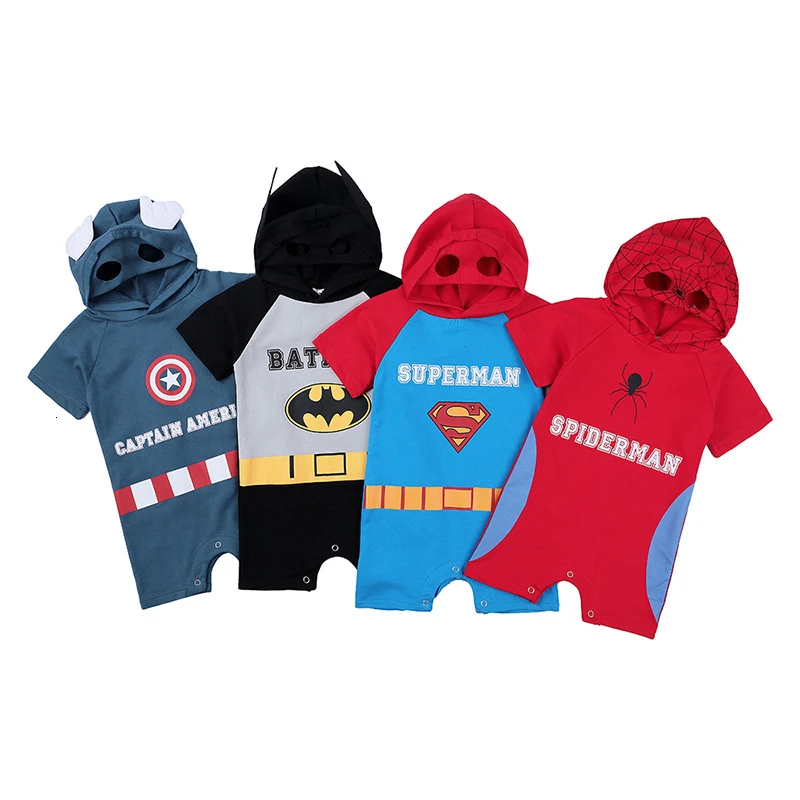 Летняя одежда для новорожденных девочек с супергероями Ropa Bebe, комбинезон с капюшоном и короткими рукавами для детей от 6 до 18 месяцев, хлопковый комбинезон для маленьких мальчиков, комбинезон, костюм