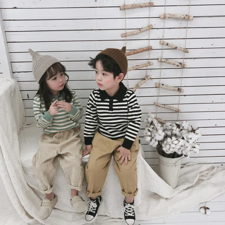 Autumn Winter Stripe Turn-down Collar Knitted Sweaters Baby Boys Girls Sweater Kids Clothing Girls Boys Pullover Sweater