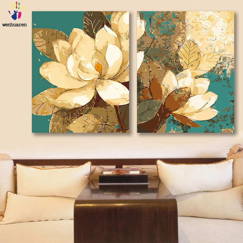 DIY colorings pictures by numbers with colors Magnolia picture drawing painting framed Home decor Two pieces | Дом и сад