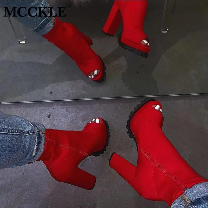 MCCKLE/женские леопардовые Ботильоны на молнии с открытым носком новая дамская змеиная обувь на платформе с толстым высоким каблуком; женская модная весенняя обувь