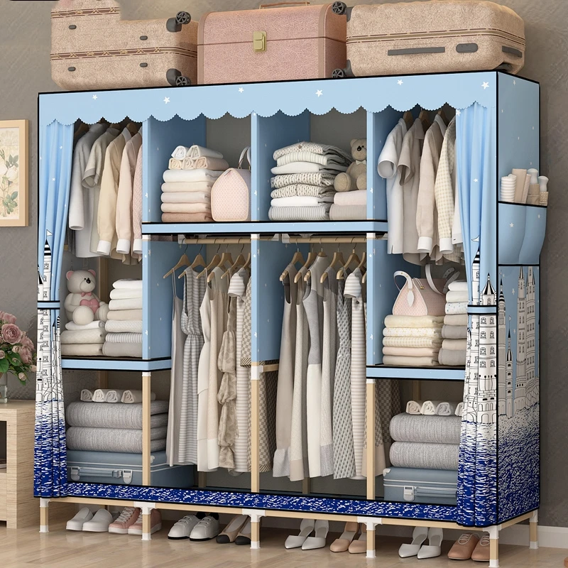 

Simple Cloth Wardrobe Solid Wood Bold Fabric Thick Oxford Cloth Assembly Steel Steel Frame Storage Hanging Wardrobe