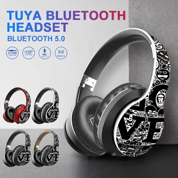 

2020 Graffiti Earphone Soft Leather Earmuffs Wireless Bluetooth Headset 3D Stereo Bass Hifi Sound Audio Mp3 For Music Headphones