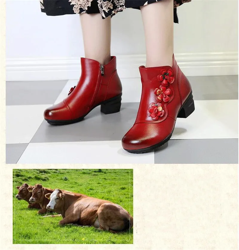 YAERNI Autumn Winter Shoes Woman Cow Leather Flower Shoes Comfort Med Heel Ankle Boots Genuine Leather Fashion Shoes women