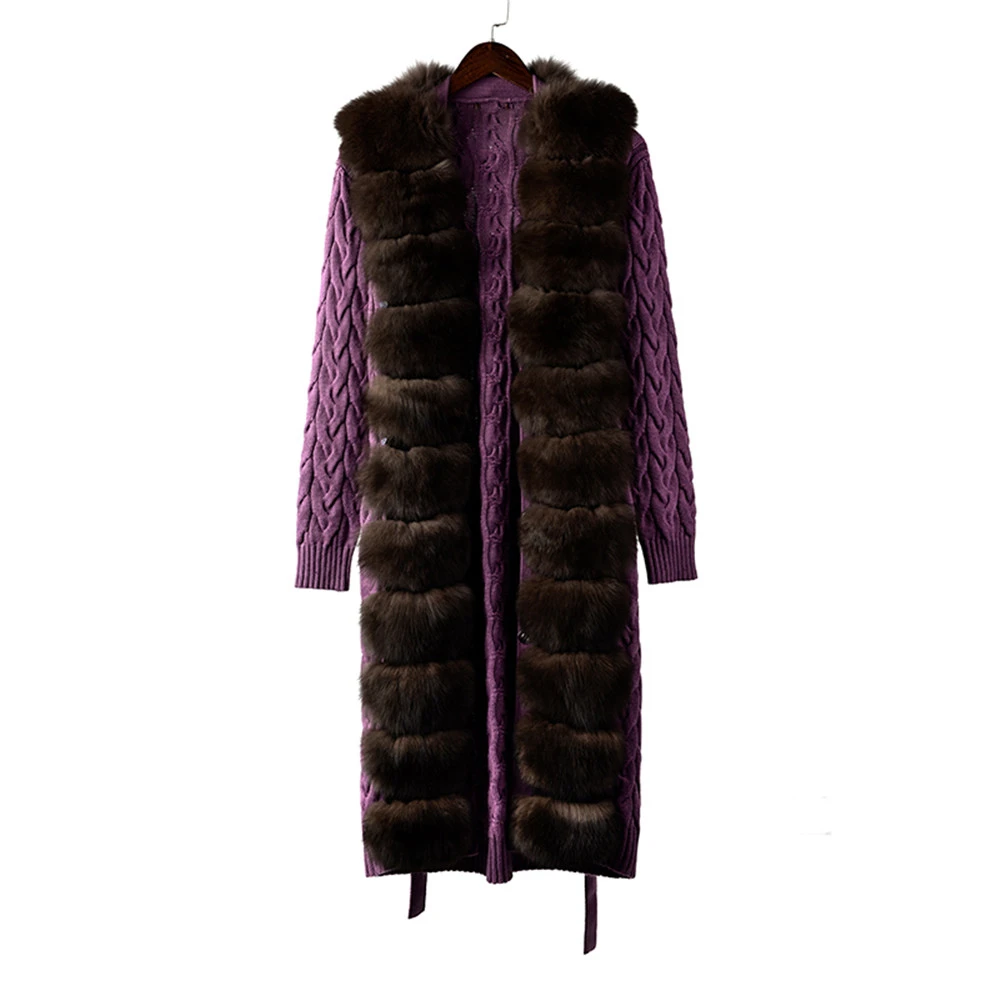 YC031-2 Tatiana Furclub Модное темно-серое трикотажное пальто с поясом зимнее пальто из натурального меха женское тонкое вязаное с лисьим меховым воротником длинное пальто - Цвет: YC031-2
