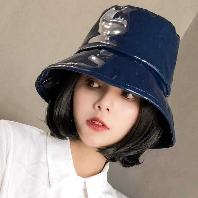 Women Hiphop Hat PU leather Hat  reversible bucket Caps Solid Colors Female Gorros - 4