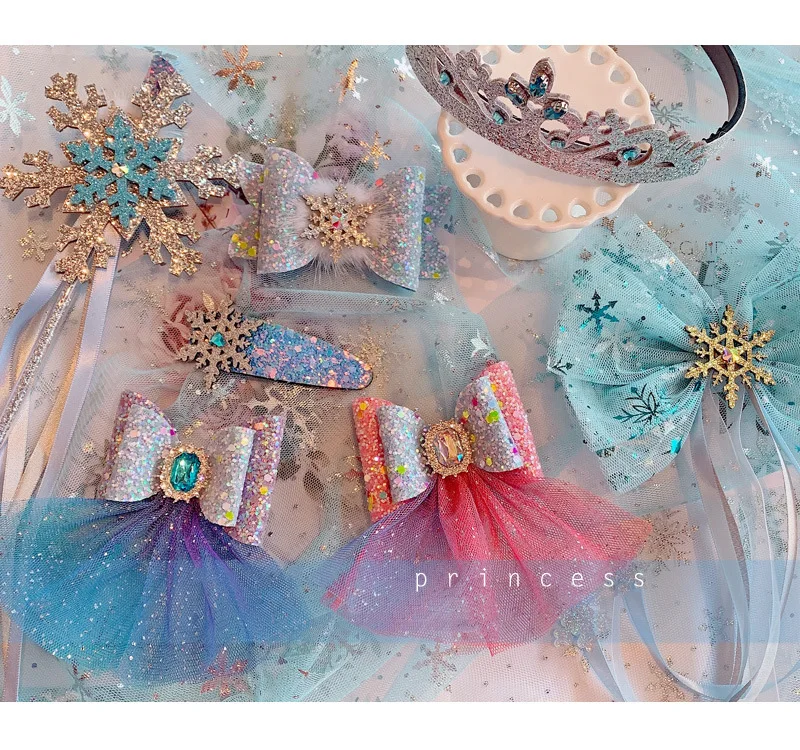 6 шт./лот, очаровательные банты для волос с бриллиантами и кисточками на клипсах, двойной слой, блестящий блеск, принцесса, звездная сетка, бант для волос, заколка для девочек, подарки
