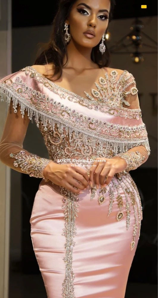 LORIE Crystals Beads Pink Satin Evening Dresses Dubai Arabic Abiye Formal Prom Party Gowns With Split 2021 Celebrity Dresses LORIE Crystals Beads Pink Satin Evening Dresses Dubai Arabic Abiye Formal Prom Party Gowns With Split 2021 Celebrity Dresses