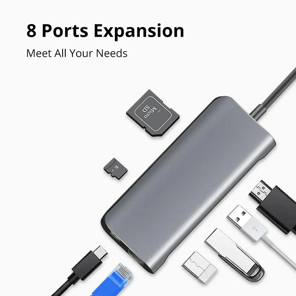 Snowkids Тип C док-станция для ноутбука Смартфон 8 в 1 PD LAN HDMI USB3.0 SD TF порт расширения huawei MateBook 13