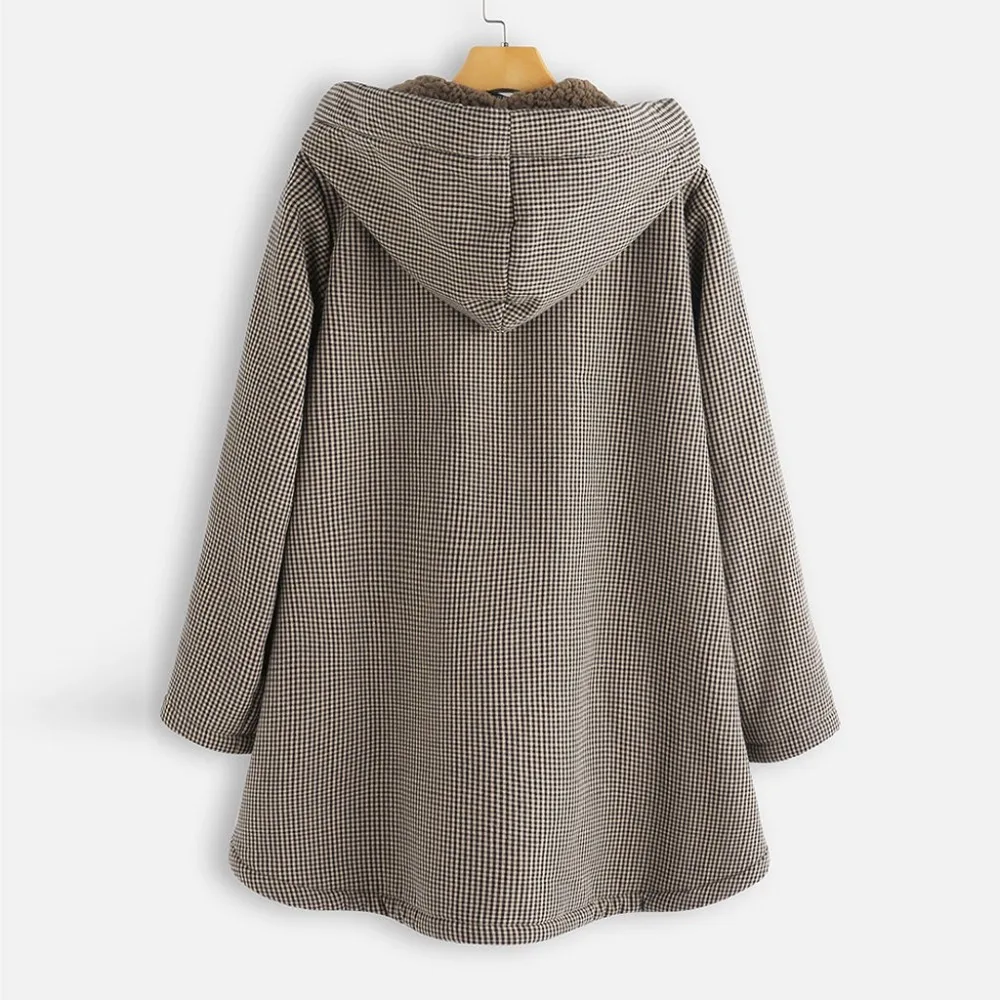 5xl размера плюс клетчатое Фланелевое пальто для женщин с капюшоном, свободная верхняя одежда, зимняя теплая Женская винтажная Асимметричная клетчатая куртка с капюшоном#15