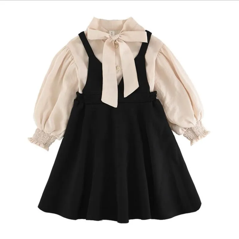 

Spring Teenage Girls 2Pcs Sets Chiffon Bow Shirt With Back Bow Sleeveless Dress Baby Girl Suits Kids Clothing 6 8 10 12Year