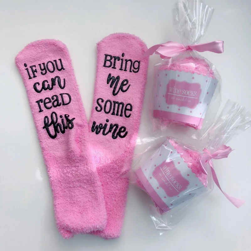 Теплые женские мягкие носки для торта, теплые домашние тапочки, носки-тапочки, зимние, если вы можете прочесть это, подарите мне немного вина