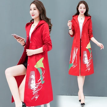 

Pop trench coat 2020 spring Korean fashion outfit new printed long sleeve loose outfit casual hooded overcoat big size leisure