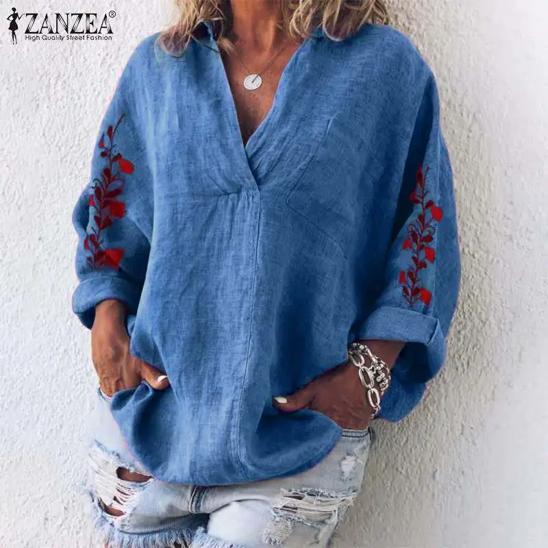 Blusas Top ZANZEA Осенняя женская блузка винтажная вышитая хлопковая рубашка Повседневная v-образный вырез с длинным рукавом Свободная Туника Топы Femme