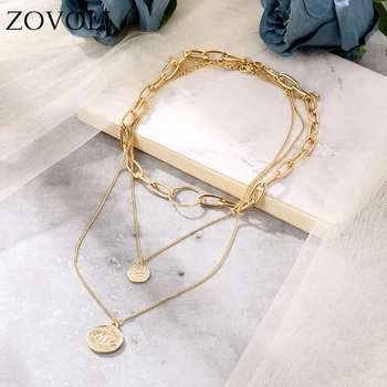

ZOVOLI Punk Miami Cuban Choker Necklace Colar Hip Hop Chain Fashion Queen Coin Pendant Layered Necklace Women Jewelry
