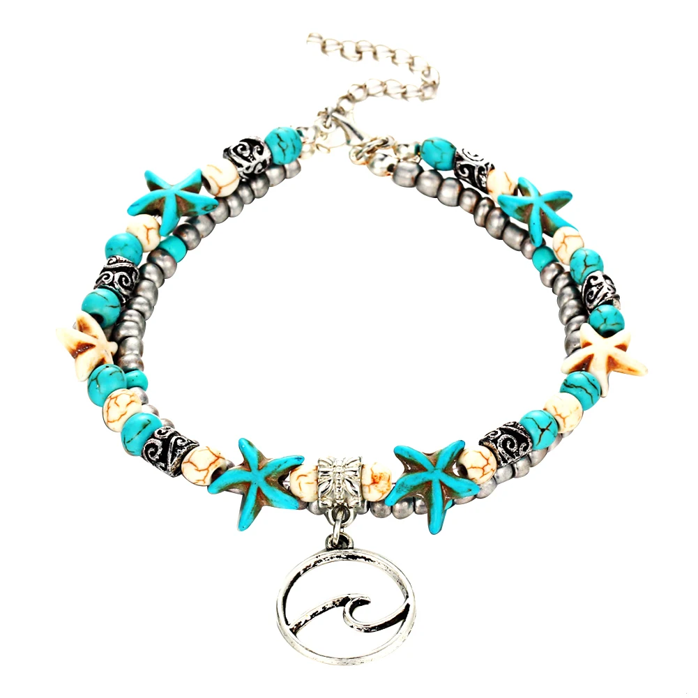 Women Anklet Turtle Heart Starfish Charm Double Layer Beaded Anklet Women Ankle Bracele on the leg Woman's accesories