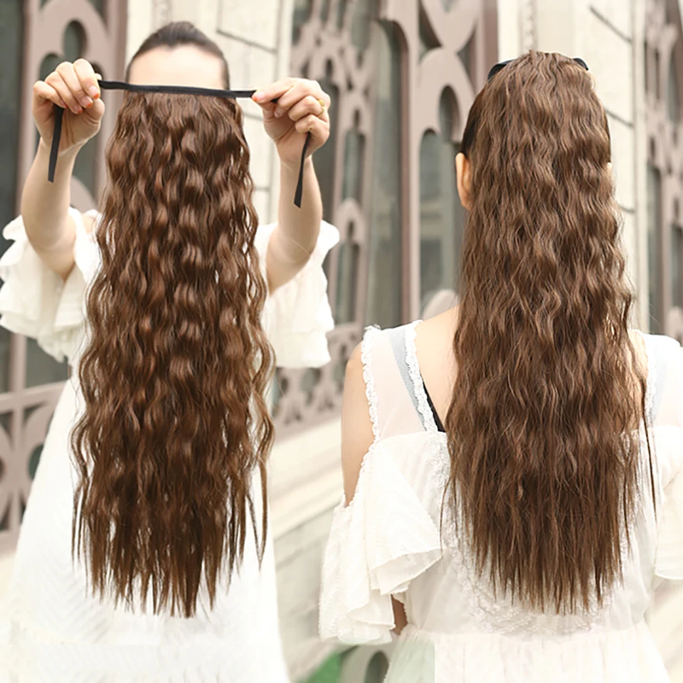 Allaosify Long Straight Clip In Hair Fake Hair Ponytail Hairpiece With Hairpins Synthetic Pony Tail Brown Extensions