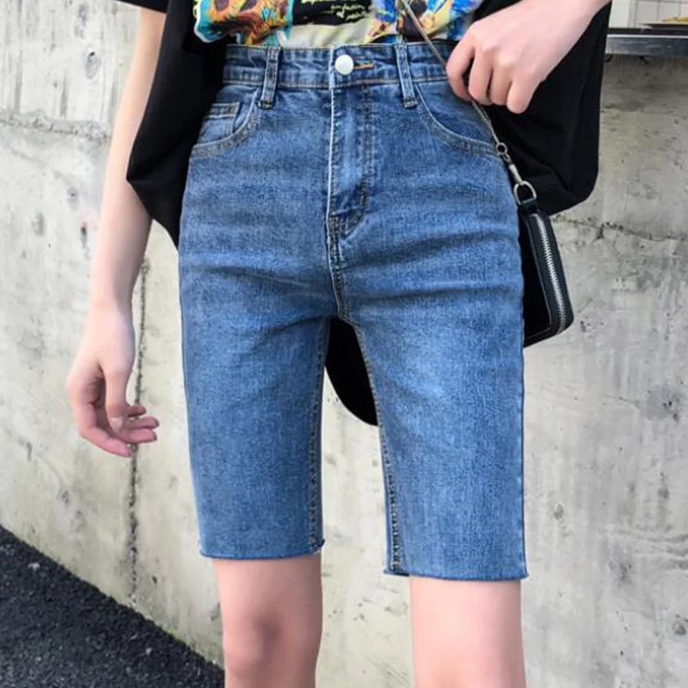 High Waist Boyfried Jeans Shorts Women Summer Knee Length Bodycon Denim