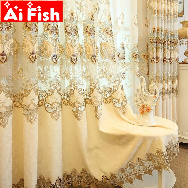 

Luxury Nordic Embroidered Fabric Hollow Chenille Blackout Curtain for Living Room Embroidery Beige Sheer Bedroom Drapes M112-4