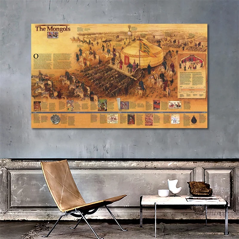 

100x150cm The Mongols Decor Map Non-woven Based Vinyl Painting For Living Room Wall Decor Crafts