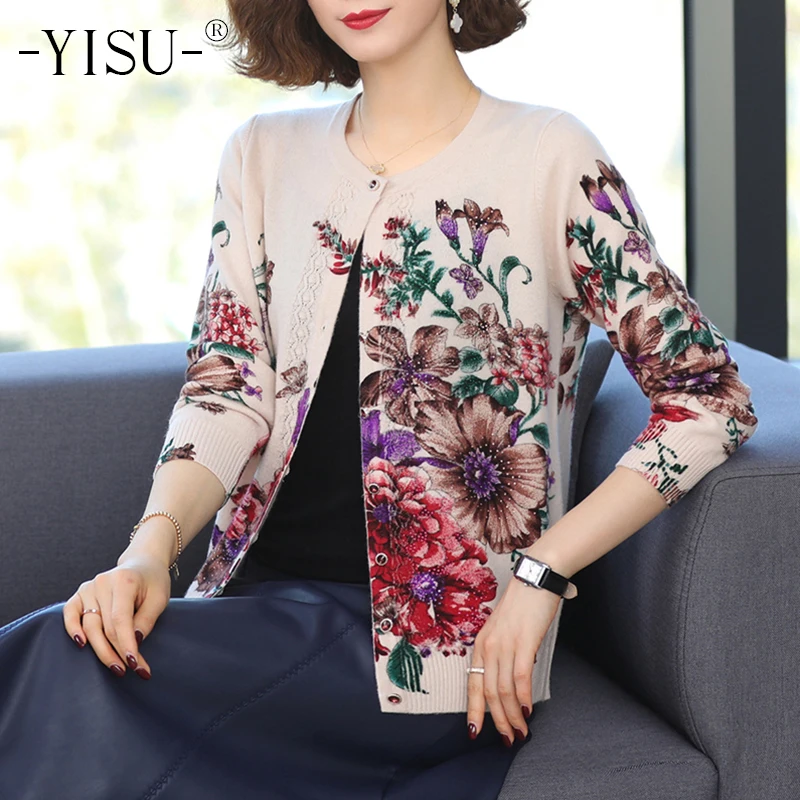 YISU 2021 Autumn Winter Sweater Cardigan Women O-Neck Long Sleeve Coat Big Flower Print High Quality Knitted Sweaters |
