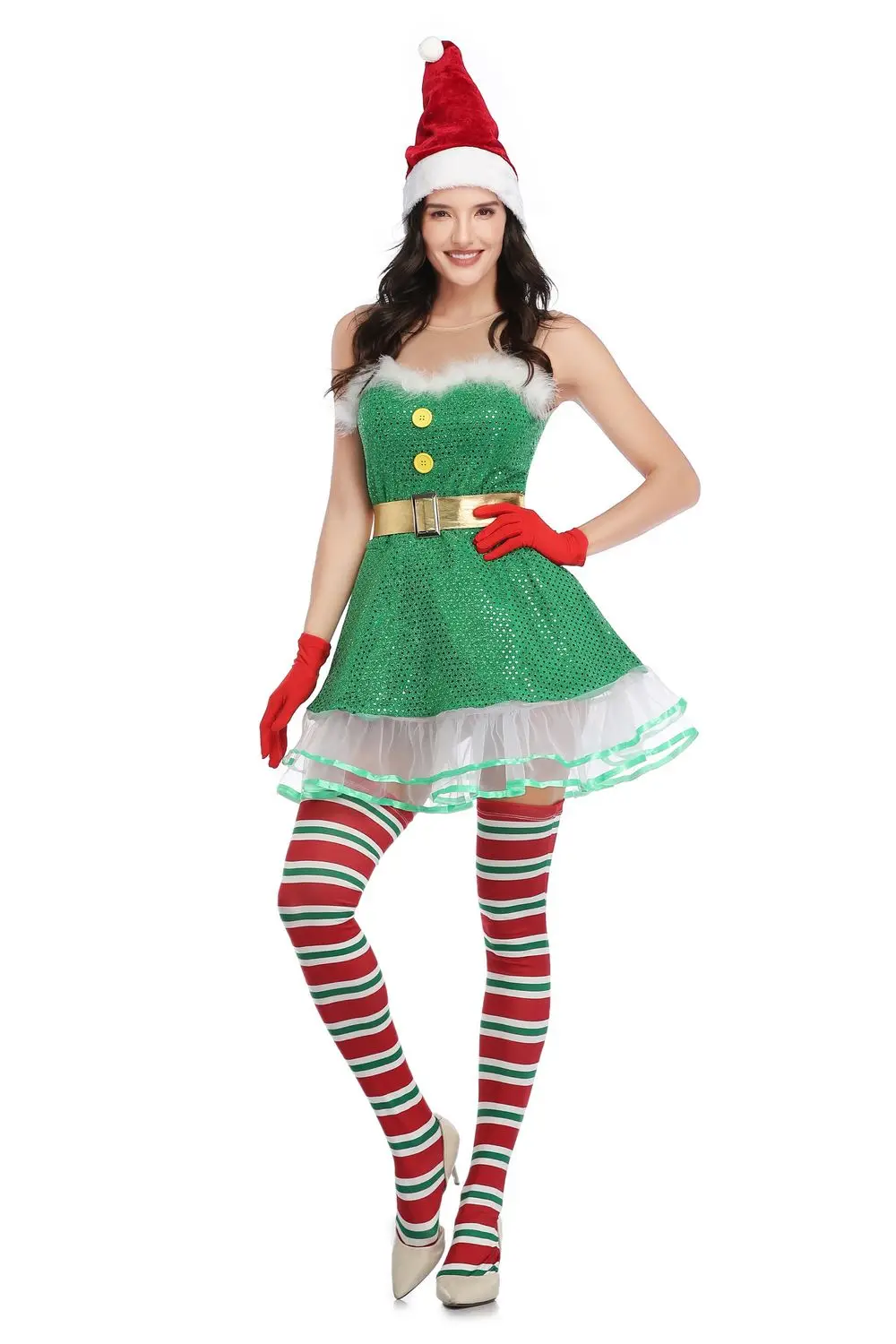 Mery/Рождественский комплект одежды, женское платье, сексуальный сетчатый лоскутный костюм Санта-Клауса со шляпой, носки, зеленые вечерние платья эльфа с блестками