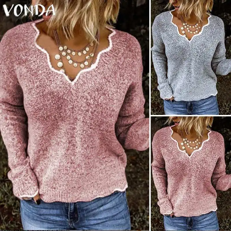 S-5XL, осенняя блуза с длинным рукавом, женский свитер,, VONDA, трикотаж, топы, сексуальный глубокий v-образный вырез, однотонный вязаный пуловер, тонкий свитер размера плюс